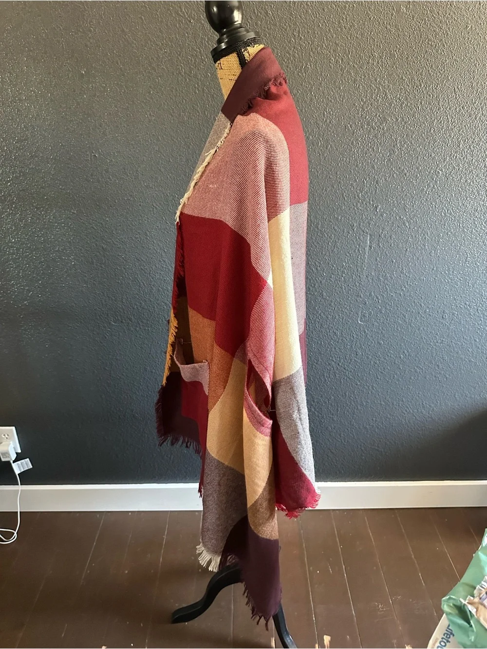 Grace & Lace Color Block Pocket Poncho Wrap Burgundy Rust OS